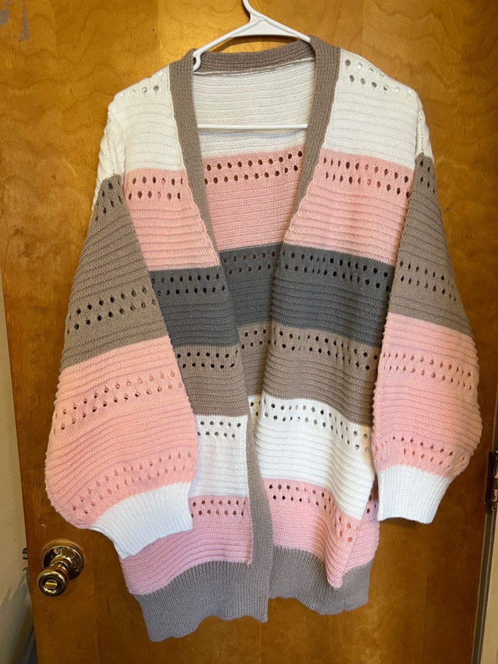 Soft Knit Open-Front Striped Cardigan - Pink, White & Taupe